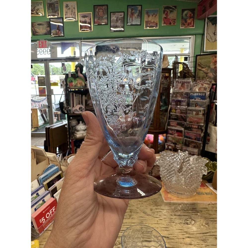 Fostoria glass June etched design Blue Azure Parfait glass 5 1/4" 1928-1943